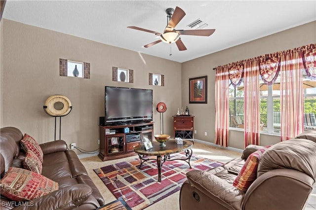 living room featuring ceiling fan