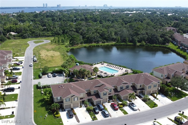 drone / aerial view featuring a water view