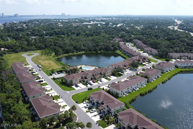 drone / aerial view featuring a water view