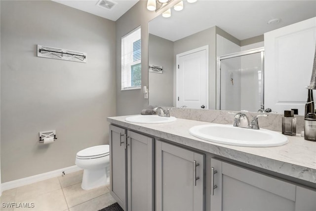 bathroom featuring toilet, tile patterned flooring, vanity, and walk in shower