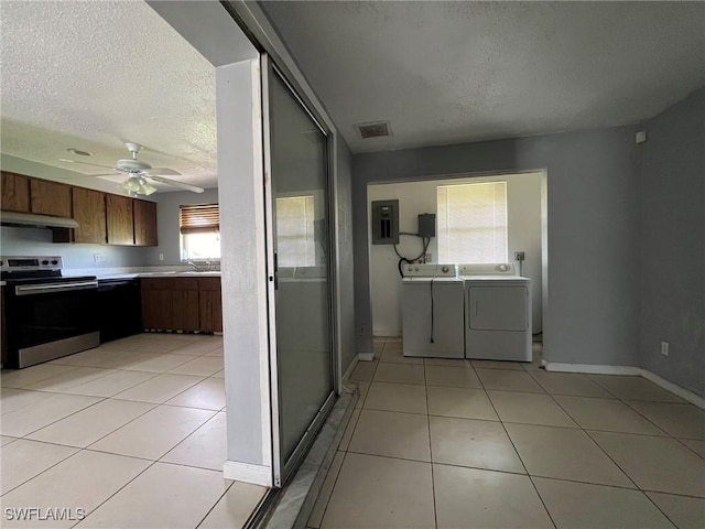 kitchen with ceiling fan, electric panel, stainless steel electric range, separate washer and dryer, and a textured ceiling