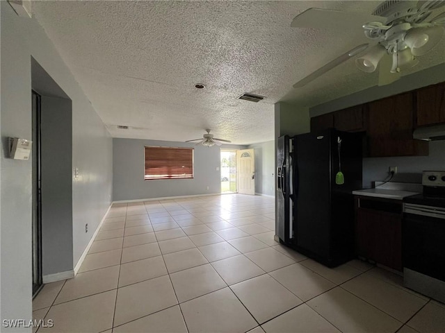 kitchen with black refrigerator with ice dispenser, ceiling fan, light tile patterned floors, dark brown cabinets, and stainless steel electric range