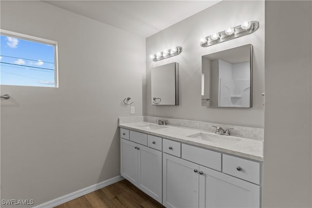 bathroom with wood-type flooring and vanity