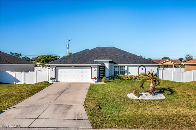 view of front of house featuring a front lawn and a garage