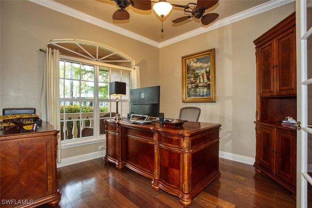 home office with ceiling fan, dark hardwood / wood-style flooring, and ornamental molding