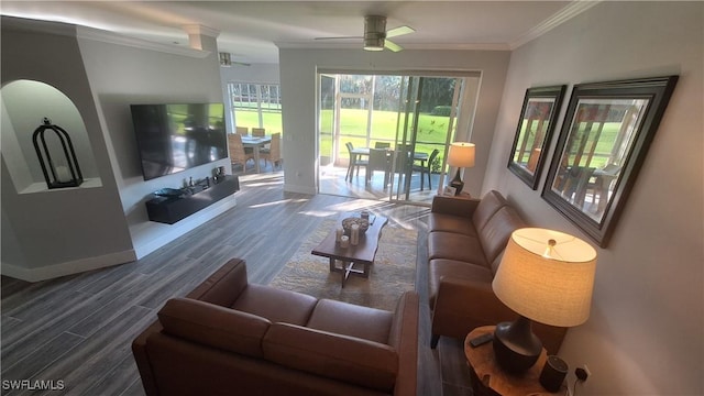 living room featuring ceiling fan, dark hardwood / wood-style flooring, and ornamental molding