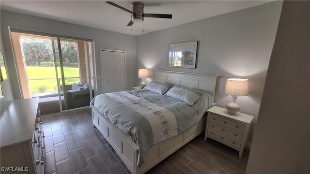 bedroom featuring ceiling fan and a closet