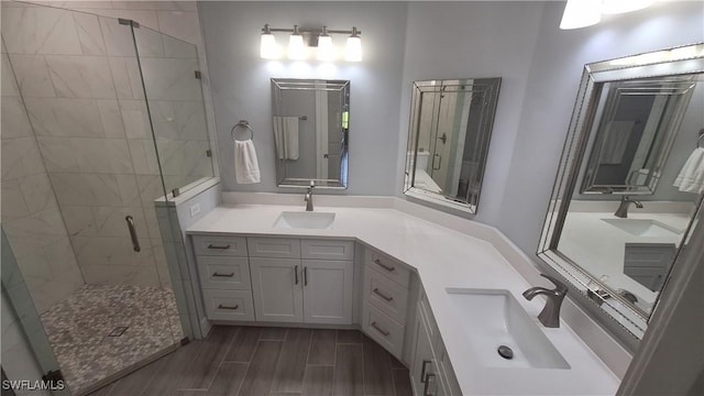 bathroom with vanity and a shower with shower door