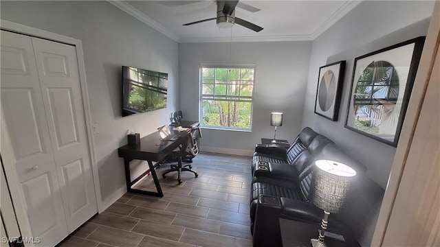 office area featuring ceiling fan and crown molding