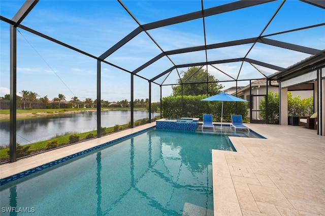 view of swimming pool featuring a water view, glass enclosure, a pool with connected hot tub, and a patio area