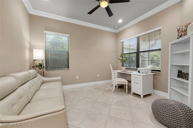 office area with a wealth of natural light, baseboards, and crown molding