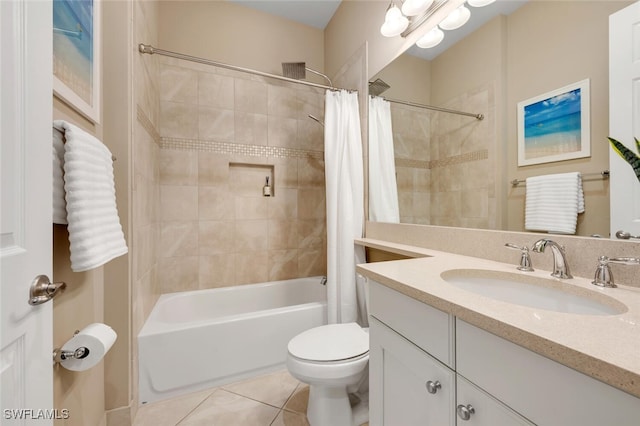 full bathroom with shower / bathtub combination with curtain, vanity, toilet, and tile patterned floors