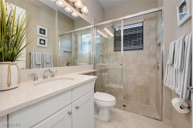 full bathroom with toilet, a stall shower, tile patterned flooring, and vanity