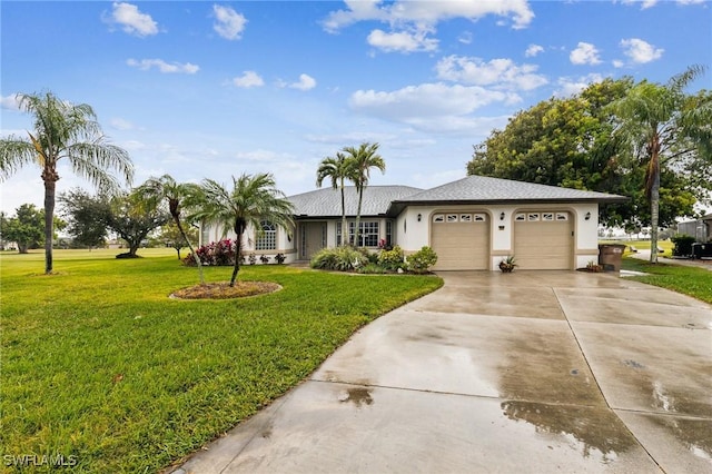 single story home with a garage and a front yard