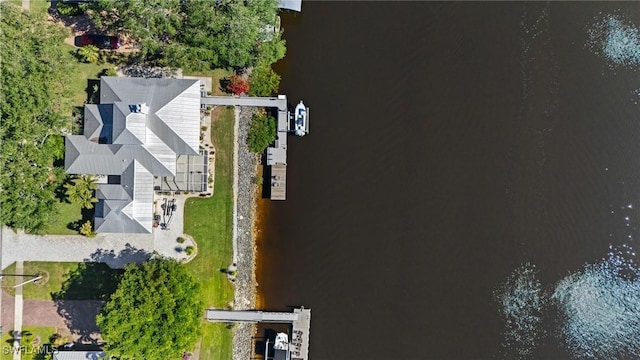 drone / aerial view featuring a water view