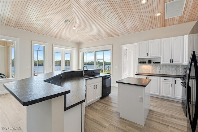 kitchen with sink, black dishwasher, white cabinets, and an island with sink