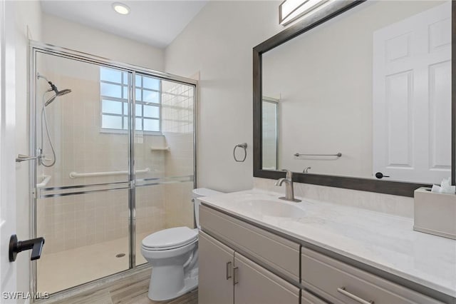 bathroom with hardwood / wood-style flooring, vanity, toilet, and an enclosed shower