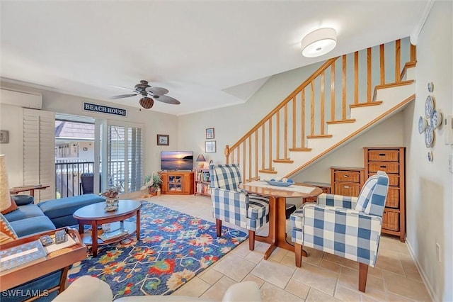 tiled living room featuring ceiling fan and a wall mounted AC