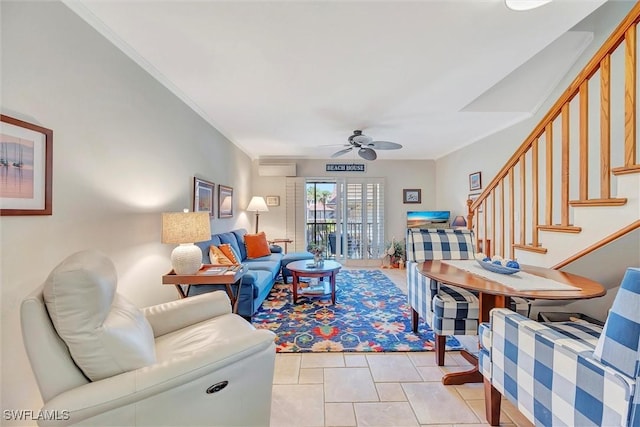 living room with a wall unit AC, ceiling fan, light tile patterned floors, and ornamental molding