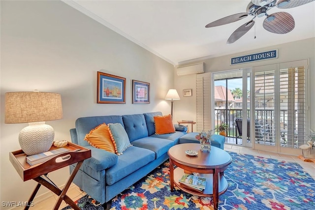 living room with ceiling fan, tile patterned flooring, crown molding, and an AC wall unit