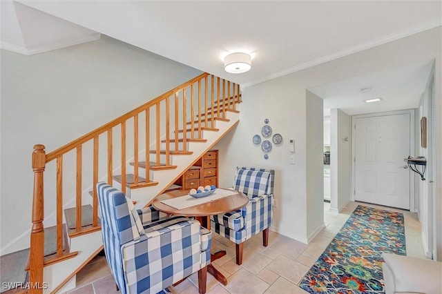 tiled dining room with crown molding