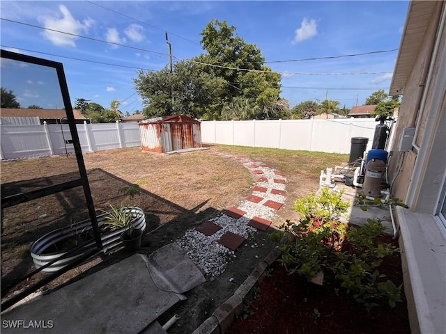 view of yard featuring a patio and a storage unit