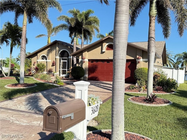 view of front of property with a garage and a front yard