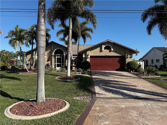 ranch-style house featuring a front lawn and a garage