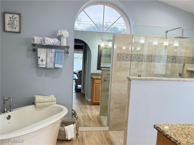 bathroom featuring vanity, independent shower and bath, and hardwood / wood-style flooring