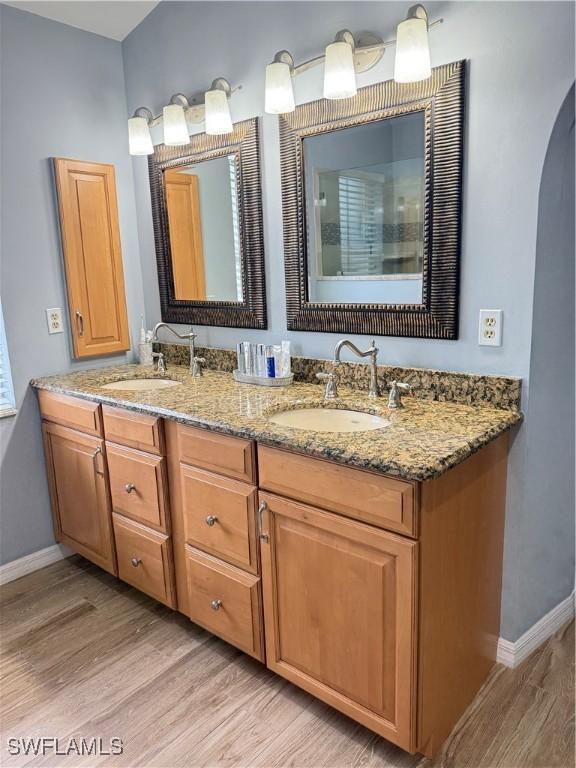 bathroom with vanity and wood-type flooring