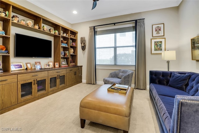 living room featuring light carpet, recessed lighting, and baseboards