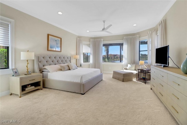 bedroom featuring recessed lighting, baseboards, ceiling fan, and light colored carpet