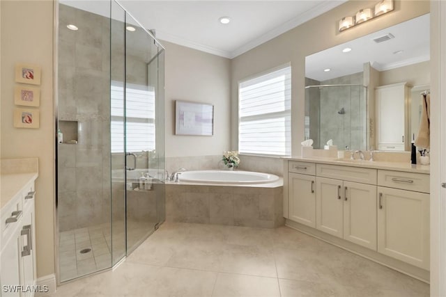 bathroom with a bath, a shower stall, crown molding, and vanity