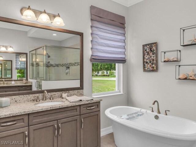 bathroom featuring vanity and independent shower and bath