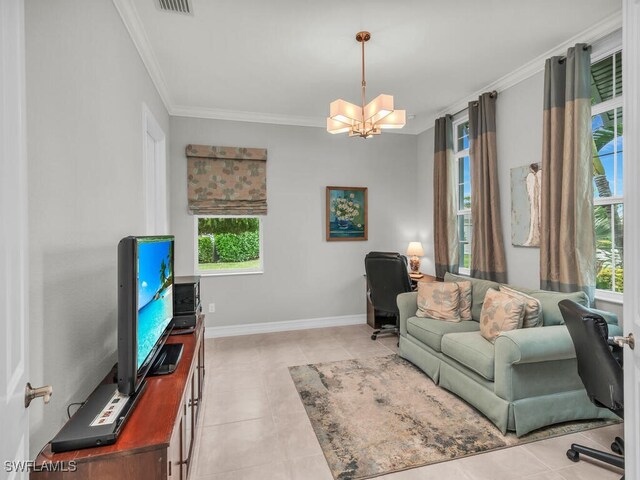 tiled home office with crown molding and an inviting chandelier