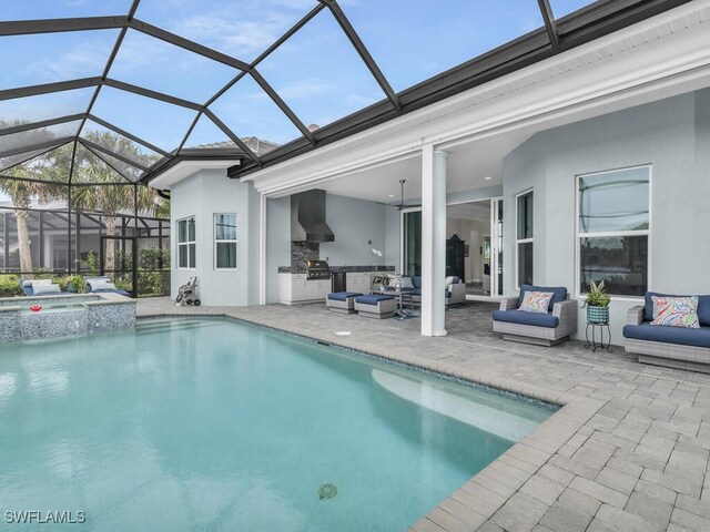 view of pool with an outdoor hangout area, area for grilling, an in ground hot tub, and a patio