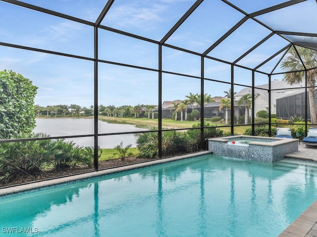 view of pool with an in ground hot tub, a lanai, and a water view