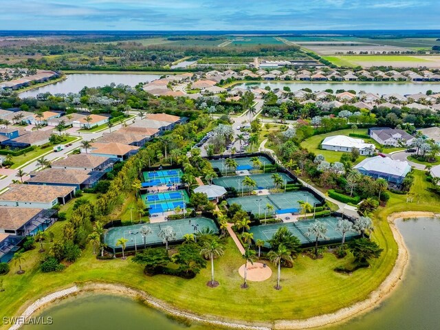 bird's eye view with a water view