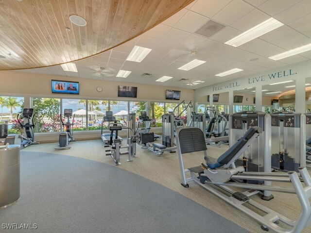 workout area featuring carpet floors, ceiling fan, and wood ceiling