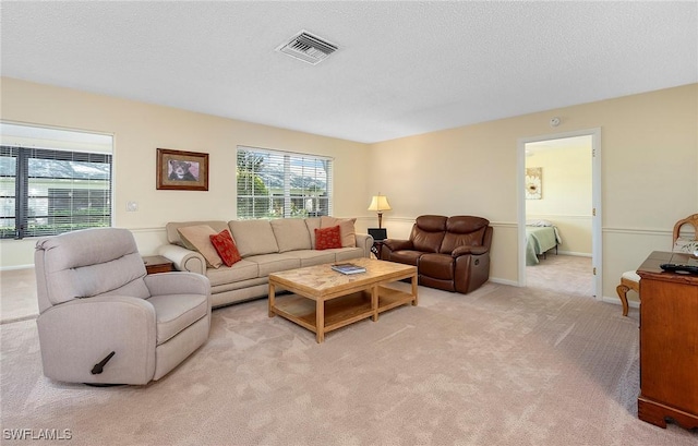 carpeted living room with a textured ceiling