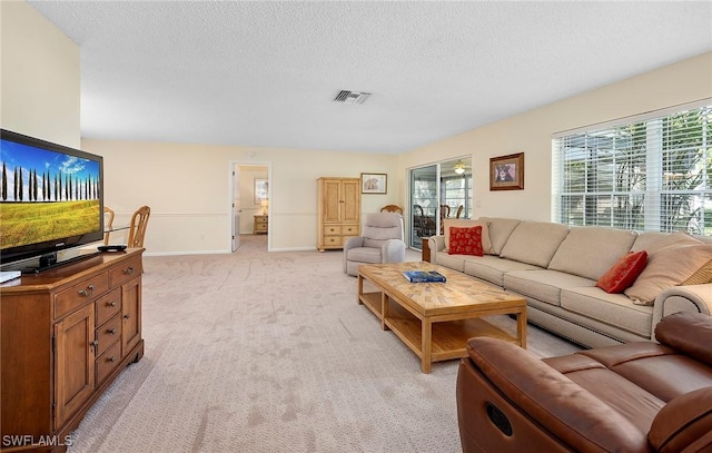 living room with a textured ceiling and light colored carpet