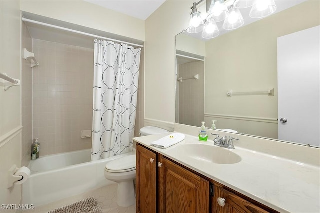 full bathroom featuring toilet, vanity, tile patterned floors, and shower / bath combo with shower curtain