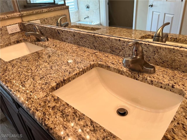 interior details with vanity and a bath