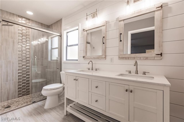 bathroom with vanity, toilet, and a shower with shower door