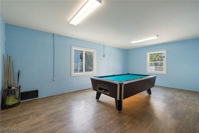 recreation room featuring wood-type flooring and billiards