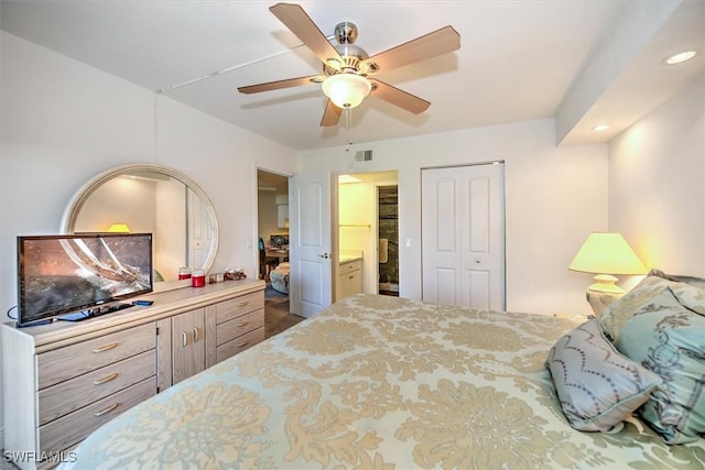 bedroom with a closet and ceiling fan