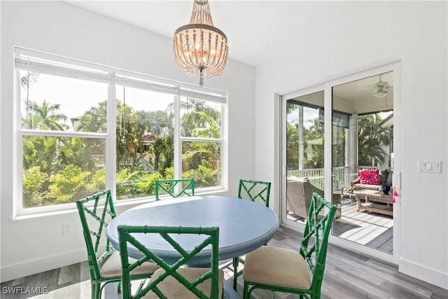 dining area with ceiling fan with notable chandelier and wood-type flooring