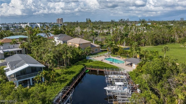 aerial view featuring a water view