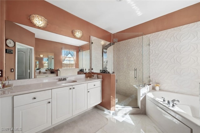 full bath with tile patterned floors, vanity, a shower stall, and a bath