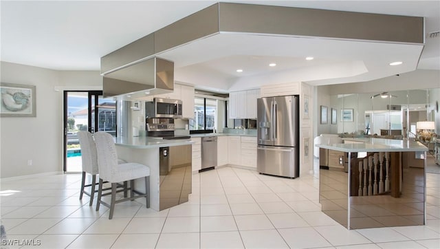 kitchen with white cabinets, stainless steel appliances, a large island, and a breakfast bar area